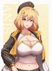 Rule 34 | 1girl, ahoge, anis (nikke), breasts, brown eyes, brown hair, cat hair ornament, character name, cleavage, goddess of victory: nikke, hair ornament, highres, huge breasts, jacket, large breasts, long sleeves, looking at viewer, midriff, navel, open mouth, short hair, smile, solo, tank top, umasan, upper body, white tank top, yellow jacket