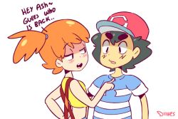 Rule 34 | !, 1girl, 2boys, animated, animated gif, artist name, ash ketchum, bare shoulders, black eyes, black hair, blue shirt, blue shorts, blush, breasts, brock (pokemon), brown hair, closed eyes, creatures (company), diives, english text, game freak, green vest, hair tie, half-closed eyes, hand up, hands up, hat, looking down, looking to the side, misty (pokemon), multiple boys, nintendo, open mouth, orange hair, orange shirt, pokemon, pokemon (anime), pokemon rgby, pokemon sm, pokemon sm (anime), ponytail, raised eyebrow, red headwear, shirt, short hair, short sleeves, shorts, side ponytail, signature, simple background, sleeveless, sleeveless shirt, small breasts, smile, sparkle, standing, star-shaped pupils, star (symbol), striped clothes, striped shirt, suspenders, sweat, symbol-shaped pupils, tank top, teeth, text focus, upper body, vest, watermark, white background, yellow shirt