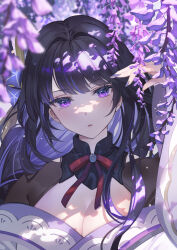 Rule 34 | 1girl, blush, braid, breasts, cleavage, cleavage cutout, clothing cutout, flower, genshin impact, hair ornament, highres, japanese clothes, kimono, large breasts, long hair, looking at viewer, low-braided long hair, low-tied long hair, mole, mole under eye, noir eku, outdoors, parted lips, purple eyes, purple flower, purple hair, purple kimono, purple nails, raiden shogun, solo, wisteria