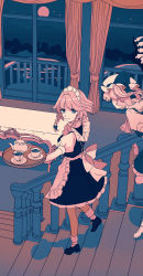 Rule 34 | 2girls, absurdres, apron, back bow, black footwear, blonde hair, blue dress, blue eyes, bow, braid, closed mouth, couch, crystal, cup, curtains, dress, flandre scarlet, full moon, grey hair, hat, highres, holding, holding tray, indoors, izayoi sakuya, limited palette, looking at viewer, maid headdress, medium hair, mob cap, moon, multiple girls, oito (bowstringsmall), puffy short sleeves, puffy sleeves, railing, saucer, shirt, shoes, short sleeves, smile, socks, stairs, table, teacup, teapot, touhou, tray, twin braids, waist apron, white apron, white bow, white footwear, white shirt, white socks, window, wings