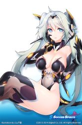 Rule 34 | 1girl, bare shoulders, blue eyes, blush, breasts, cleavage, elbow gloves, gloves, headgear, large breasts, long hair, looking at viewer, meg (soccer spirits), multicolored eyes, navel, original, purple eyes, see-through, silver hair, smile, snowball22, soccer spirits, solo, tail, thighhighs, twintails, very long hair