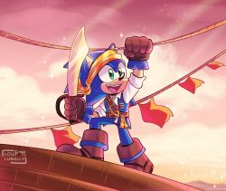 Rule 34 | 1boy, alternate costume, animal ears, boots, buckle, earrings, gloves, green eyes, handkerchief, hat, highres, holding, jewelry, kerchief, lou lubally, open mouth, pants, pennant, pirate costume, pirate hat, smile, sonic (series), sonic the hedgehog, string, sword, weapon