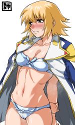 Rule 34 | blonde hair, blush, bow, bow bra, bow panties, bra, breasts, cagalli yula athha, cameltoe, cleavage, closed mouth, embarrassed, gundam, gundam seed, gundam seed destiny, holding hands, lingerie, medium breasts, military, military uniform, navel, open clothes, panties, short hair, underwear, underwear only, uniform, white bra, white panties, yellow eyes