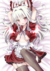 Rule 34 | 1girl, alternate costume, apron, bed sheet, black thighhighs, blush, bow, breasts, enmaided, female focus, fujiwara no mokou, garter straps, givuchoko, hair bow, hair intakes, jpeg artifacts, long hair, lying, maid, maid apron, on back, open mouth, ponytail, red eyes, silver hair, skirt, solo, thighhighs, touhou, underboob, waist apron