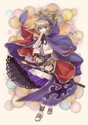Rule 34 | 1girl, belt, black ribbon, blonde hair, bracelet, cape, covering own mouth, earmuffs, frilled skirt, frills, full body, grey background, highres, holding, jewelry, looking at viewer, masakichi (mmw), neck ribbon, official art, pointy hair, purple cape, purple skirt, red cape, ribbon, ritual baton, sandals, shirt, short hair, short sleeves, simple background, skirt, socks, solo, strange creators of outer world, sword, third-party source, touhou, toyosatomimi no miko, two-sided cape, two-sided fabric, weapon, white shirt, white socks, yellow eyes