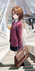 Rule 34 | 1girl, :3, absurdres, bag, black eyes, black footwear, black skirt, black socks, blurry, blurry background, bob cut, breasts, brown bag, brown hair, closed mouth, collared shirt, commentary, cup, disposable cup, drink, drinking straw, full body, hand up, highres, holding, holding drink, jacket, long sleeves, looking at viewer, medium breasts, necktie, original, photo-referenced, pleated skirt, red jacket, red necktie, school bag, seizou hidzuke, shadow, shirt, short hair, skirt, socks, solo, stairs, standing, striped necktie, swept bangs, white shirt
