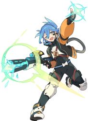 Rule 34 | 1boy, arm up, armor, artist request, aura, belt, black bodysuit, black gloves, blue hair, bodysuit, breastplate, cable, collared jacket, covered navel, cyborg, energy gun, finger gun, finger on trigger, fingerless gloves, firing, full body, gloves, gun, hand up, happy, highres, holding, holding gun, holding weapon, hopul (world flipper), jacket, jumping, knee pads, leg up, long sleeves, looking at viewer, male focus, multicolored footwear, multicolored hair, non-web source, official art, one eye closed, open clothes, open jacket, orange eyes, orange jacket, pouch, scope, shoes, short hair, shoulder pads, sidelocks, simple background, single shoulder pad, skin tight, smile, solo, spread legs, symbol in eye, thigh pouch, thigh strap, transparent background, two-tone hair, v-shaped eyebrows, weapon, wink, world flipper