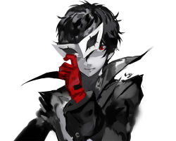 Rule 34 | 10s, 1boy, amamiya ren, black hair, club3, looking at viewer, male focus, mask, persona, persona 5, red eyes, short hair, simple background, smile, solo