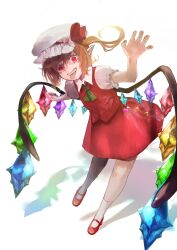 Rule 34 | 1girl, absurdres, ascot, backlighting, bow, collared shirt, crazy eyes, crystal, flandre scarlet, foreshortening, glowing, glowing wings, green ascot, hair bow, hat, hat ribbon, highres, looking at viewer, mary janes, medium hair, mob cap, multicolored wings, one side up, pointy ears, puffy short sleeves, puffy sleeves, red bow, red eyes, red footwear, red ribbon, red skirt, red vest, ribbon, saliva, shachi zi, shirt, shoes, short sleeves, simple background, skirt, socks, solo, teeth, tongue, tongue out, touhou, upper teeth only, vest, white background, white hat, white shirt, white socks, wings