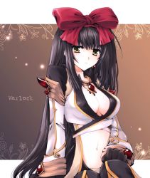 Rule 34 | 1girl, black hair, black pants, blush, bow, breasts, character name, cleavage, closed mouth, commentary request, dress, gem, hair bow, jewelry, large bow, large breasts, long hair, looking at viewer, navel, necklace, outside border, pants, pillarboxed, ragnarok online, red bow, solo, suruga kasune, upper body, warlock (ragnarok online), white dress, yellow eyes