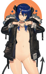 Rule 34 | 1girl, arknights, black jacket, blue eyes, blue hair, blue nails, closed mouth, contrapposto, demon tail, distr, fingernails, flat chest, gluteal fold, halo, heart, heart hands, highres, hood, hood down, hooded jacket, horns, jacket, long hair, long sleeves, looking at viewer, mostima (arknights), nail polish, naked jacket, navel, nipples, one eye closed, pussy, smile, solo, tail