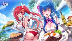 Rule 34 | 2girls, ahoge, apron, ass, azur lane, bare shoulders, beach, blue hair, blue sky, blush, bracelet, breasts, butt crack, cleavage, closed eyes, cloud, cloudy sky, commentary request, copyright name, day, elbow gloves, flower, food, fried egg, glass bottle, gloves, grill, hair flower, hair ornament, highres, holding, holding plate, honolulu (azur lane), jewelry, large breasts, lettuce, logo, long hair, multiple girls, ocean, official art, open mouth, outdoors, plate, rangu, red eyes, red hair, rice, side ponytail, simple background, sky, smile, spatula, st. louis (azur lane), table, thigh strap, thighs, tomato, twintails, twisted torso, upper body, vegetable, water