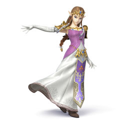 Rule 34 | 1girl, 3d, blue eyes, breasts, brown hair, earrings, elbow gloves, gloves, highres, jewelry, long hair, nintendo, official art, pointy ears, princess zelda, shoulder pads, simple background, small breasts, solo, super smash bros., the legend of zelda, the legend of zelda: twilight princess, tiara