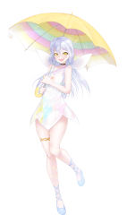 Rule 34 | 1girl, absurdres, bare arms, bare shoulders, black choker, choker, commentary request, dress, full body, glasses, highres, holding, holding umbrella, long hair, looking at viewer, p ion, qualia qu, re:act, silver hair, simple background, thigh strap, umbrella, virtual youtuber, white background, white dress, yellow eyes