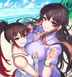 Rule 34 | 2girls, arched back, bandaged arm, bandages, beach, bracelet, grabbing another&#039;s breast, breasts squeezed together, breasts, brown eyes, brown hair, eroblast, grabbing, gradient hair, grin, hair between eyes, hand on another&#039;s chest, hand on breast, hands up, high ponytail, highres, hug, jewelry, large breasts, long hair, looking at viewer, lyla (eroblast), multicolored hair, multiple girls, purple shirt, red eyes, red hair, saki (eroblast), shirt, small breasts, smile, smirk, streaked hair, unbuttoned, unbuttoned shirt, very long hair