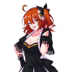 Rule 34 | 1girl, ;d, ahoge, alternate costume, black bow, black capelet, black gloves, bow, breasts, brown eyes, brown hair, capelet, cleavage, collarbone, fate/grand order, fate (series), fingerless gloves, fujimaru ritsuka (female), gloves, hair between eyes, hair bow, hand on own hip, long hair, looking at viewer, medium breasts, one eye closed, open mouth, side ponytail, simple background, smile, solo, standing, upper body, white background, yaoshi jun