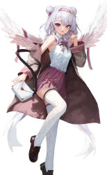 Rule 34 | 1girl, :d, absurdres, angel wings, bag, bare shoulders, blush, bow, braid, buttons, collared shirt, commission, double bun, feathered wings, hair bow, hair bun, hairband, hand up, handbag, highres, indie virtual youtuber, jacket, long hair, long sleeves, looking at viewer, off shoulder, open mouth, pink hairband, pleated skirt, purple bow, purple eyes, purple jacket, purple skirt, satchel, shirt, simple background, skeb commission, skirt, sleeveless, sleeveless shirt, smile, solo, toi1et paper, twin braids, very long hair, virtual youtuber, white background, white hair, white shirt, white wings, wings