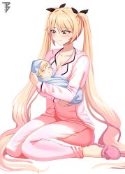 Rule 34 | 1boy, 1girl, absurdres, age difference, azur lane, baby carry, black ribbon, blonde hair, breasts, carrying, commander cool, hair ribbon, highres, large breasts, long hair, mother and son, nelson (azur lane), pajamas, pants, pink footwear, pink pajamas, pink pants, red eyes, ribbon, twintails, very long hair, white background