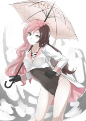 Rule 34 | 1girl, breasts, brown hair, cleavage, female focus, gloves, heterochromia, looking at viewer, multicolored hair, neo politan, no panties, open umbrella, pink hair, rwby, smile, solo, tagme, thighs, umbrella, white background
