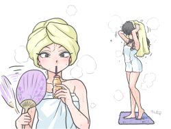 Rule 34 | 1girl, breasts, cleavage, fan, kunou kodachi, multiple views, ranma 1/2, steam, towel, towel on head, wanta (futoshi), wet