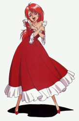 Rule 34 | 1990s (style), 1girl, blush, dress, closed eyes, fushigi no umi no nadia, grandis granva, long hair, red dress, red hair, solo