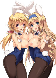 Rule 34 | 10s, 2girls, animal ears, ass, asymmetrical docking, back, bare shoulders, blonde hair, blue eyes, blush, bow, breast press, breasts, cecilia alcott, charlotte dunois, detached collar, drill hair, fake animal ears, female focus, hair bow, infinite stratos, kekocha, large breasts, leotard, long hair, looking at viewer, multiple girls, nipples, pantyhose, playboy bunny, ponytail, purple eyes, rabbit ears, smile, very long hair, wrist cuffs