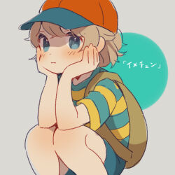 Rule 34 | 1girl, backpack, bag, baseball cap, blue eyes, blue shorts, blush, brown bag, brown hair, closed mouth, cosplay, dot nose, grey background, hat, looking at viewer, mother (game), mother 2, ness (mother 2), ness (mother 2) (cosplay), nintendo, paula (mother 2), red hat, shifumame, shirt, short hair, shorts, solo, squatting, striped clothes, striped shirt, translation request