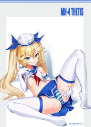 Rule 34 | 1girl, absurdres, artist name, blonde hair, blue eyes, blue skirt, breasts, character name, chromatic aberration, clothes lift, elbow gloves, gloves, grin, hair between eyes, hair ribbon, hat, highres, last origin, looking at viewer, midriff, naughty face, navel, panties, pjman, pleated skirt, red neckwear, ribbon, sailor collar, sailor hat, shirt lift, skirt, small breasts, smile, smug, solo, spread legs, striped clothes, striped panties, thetis (last origin), twintails, underwear, white gloves
