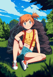Rule 34 | 1girl, arm support, bangle, bare shoulders, bird, blue eyes, blue sky, blush, bracelet, cloud, cloudy sky, collarbone, creatures (company), crop top, denim, denim shorts, flat chest, forest, full body, game freak, grass, hair tie, highres, idfer, jewelry, looking at viewer, midriff, misty (pokemon), nature, navel, nintendo, no socks, on ground, orange hair, outdoors, pokemon, pokemon (anime), ponytail, red shoes, rock, shirt, shoes, short hair, short ponytail, short shorts, shorts, side ponytail, signature, sitting, sitting on rock, sky, sleeveless, sleeveless shirt, smile, sneakers, solo, spread legs, suspenders, tank top, tree, wide ponytail, yellow shirt
