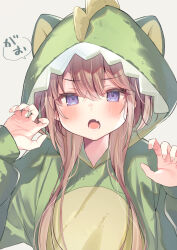 Rule 34 | 1girl, :o, blush, brown hair, claw pose, commentary request, dinosaur costume, ebihara beniko, fang, grey background, hair between eyes, hands up, highres, hood, hood up, long hair, long sleeves, looking at viewer, nail polish, open mouth, original, pink nails, puffy long sleeves, puffy sleeves, purple eyes, simple background, sleeves past wrists, solo, translation request, upper body
