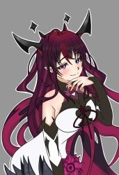 Rule 34 | 1girl, bare shoulders, black dress, blue eyes, breasts, cleavage, commentary, detached sleeves, dress, flower, hair between eyes, heterochromia, highres, hololive, hololive english, horns, irys (hololive), irys (irys 1.0) (hololive), ivan ramirez, long hair, looking at viewer, multicolored hair, pointy ears, purple eyes, purple hair, red flower, solo, two-tone dress, two-tone hair, virtual youtuber, white dress