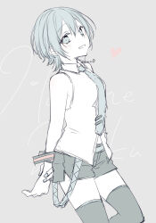 Rule 34 | 1girl, adapted costume, alternate hair length, alternate hairstyle, arm behind back, bare shoulders, black shorts, black thighhighs, character name, collared shirt, commentary, dress shirt, feet out of frame, green eyes, green hair, green necktie, grey background, hatsune miku, heart, highres, kuroi (liar-player), looking at viewer, necktie, shirt, short hair, short shorts, shorts, simple background, sleeveless, sleeveless shirt, smile, solo, text background, thighhighs, tie clip, vocaloid, white shirt