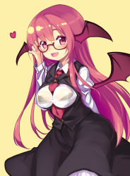 Rule 34 | 1girl, bat wings, bespectacled, blush, bra, breasts, fang, framed breasts, glasses, head wings, heart, jpeg artifacts, juliet sleeves, koakuma, large breasts, long hair, long sleeves, looking at viewer, minamura haruki, necktie, open clothes, open mouth, open shirt, puffy sleeves, red-framed eyewear, red eyes, red hair, red necktie, see-through, shirt, simple background, skirt, skirt set, smile, solo, touhou, underwear, vest, wings, yellow background