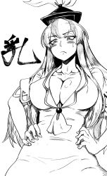 Rule 34 | 1girl, absurdres, ascot, blush, breasts, cleavage, closed mouth, collarbone, commentary request, covered erect nipples, frown, greyscale, hands on own hips, hat, highres, himajin noizu, kamishirasawa keine, large breasts, long hair, looking at viewer, monochrome, short sleeves, sidelocks, simple background, solo, touhou, upper body, white background