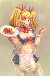 Rule 34 | 1girl, apron, blonde hair, blue eyes, bow (bhp), breasts, cleavage, female focus, food, highres, ketchup, large breasts, long hair, maid, maid apron, omelet, omurice, original, panties, plate, see-through, solo, twintails, underboob, underwear, waist apron, wrist cuffs