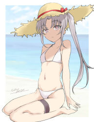 Rule 34 | 1girl, akitsushima (kancolle), barefoot, beach, bikini, blue sky, breasts, brown hat, cloud, day, gakky, grey hair, hat, highres, horizon, kantai collection, long hair, looking at viewer, navel, ocean, one-hour drawing challenge, outdoors, purple eyes, side ponytail, sky, small breasts, solo, straw hat, swimsuit, white bikini