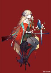 Rule 34 | 1girl, ankle boots, bird, black choker, black footwear, black pantyhose, blonde hair, blue bird, blue eyes, blue hair, blue nails, boots, chinese commentary, choker, closed mouth, colored tips, commentary request, dress, fingernails, flower, flower request, full body, girls&#039; frontline, green dress, hair between eyes, hair flower, hair ornament, highres, holding, holding flower, lantern, long hair, looking at viewer, multicolored hair, official alternate costume, official art, on stool, oop, pantyhose, paper lantern, pheasant, red background, red dress, savage 99 (girls&#039; frontline), savage 99 (jade serenity) (girls&#039; frontline), savage model 99, simple background, sitting, solo, stool, two-tone dress, very long hair, weibo watermark, white flower