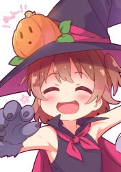 Rule 34 | 1girl, :d, ^ ^, animal hands, armpits, bare shoulders, black dress, black hat, blush, brown hair, child, closed eyes, dress, facing viewer, fang, gloves, grey gloves, halloween, halloween costume, hat, hoshino hinata, jigatei (omijin), one side up, open mouth, paw gloves, pumpkin, simple background, sleeveless, sleeveless dress, smile, solo, star (symbol), translation request, upper body, watashi ni tenshi ga maiorita!, white background, witch hat