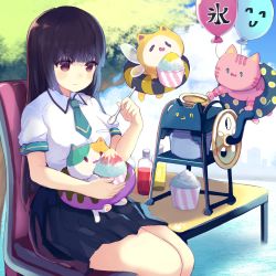 Rule 34 | 1girl, aqua necktie, balloon, black hair, blue skirt, breasts, cat, chair, collared shirt, commentary request, drink, food, glass bottle, highres, innertube, long hair, long skirt, medium breasts, necktie, nekomo, original, outdoors, purple hair, red eyes, shaved ice, shirt, short sleeves, sidelocks, sitting, skirt, smile, swim ring, translated, tree, uniform, white shirt