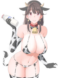 Rule 34 | 1girl, animal ears, animal print, bare shoulders, bell, bikini, black hairband, bottle, breasts, brown hair, cleavage, closed mouth, collar, commentary, cow ears, cow horns, cow print, cow print bikini, cow tail, cowbell, earrings, elbow gloves, fake animal ears, fake horns, garter straps, gloves, hairband, hand up, holding, holding bottle, horns, jewelry, large breasts, long hair, looking at viewer, milk bottle, navel, neck bell, original, print bikini, print gloves, print thighhighs, red collar, red eyes, smile, solo, stomach, strap gap, swimsuit, tail, taito0630, thighhighs