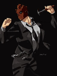 Rule 34 | 1boy, chain, cowboy shot, dorohedoro, fighting stance, formal, hammer, heart (organ), highres, looking to the side, loose necktie, mask, necktie, nishida (pixiv 50671594), shin (dorohedoro), simple background, suit