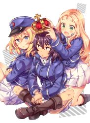 Rule 34 | 10s, 3girls, :d, andou (girls und panzer), bc freedom military uniform, black footwear, black hair, blonde hair, blue eyes, blue jacket, blue vest, blush, boots, brown eyes, closed mouth, commentary request, crossed arms, crown, dark-skinned female, dark skin, dress shirt, drill hair, from side, frown, girl sandwich, girls und panzer, green eyes, hands on another&#039;s head, high collar, highres, indian style, jacket, knee boots, kneeling, light frown, long hair, long sleeves, looking at another, looking back, marie (girls und panzer), medium hair, messy hair, military, military uniform, miniskirt, multiple girls, open mouth, oshida (girls und panzer), pleated skirt, sandwiched, shirt, sitting, skirt, smile, takitarou, uniform, vest, white shirt, white skirt