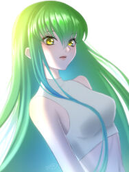 Rule 34 | 1girl, breasts, c.c., clip studio paint (medium), code geass, cropped shirt, from side, green hair, hair behind ear, hair between eyes, highres, leaning back, long hair, looking at viewer, makuroillust, medium breasts, midriff, navel, open mouth, shirt, sleeveless, sleeveless shirt, solo, upper body, very long hair, white background, white shirt, yellow eyes