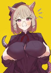 Rule 34 | 1girl, absurdres, animal ear fluff, animal ears, arknights, black skirt, blonde hair, breasts, button gap, dress shirt, glasses, hair ornament, hairclip, highres, large breasts, long sleeves, looking at viewer, official alternate costume, purple eyes, shirt, short hair, skirt, smile, snake tail, solo, tail, tiger ears, upper body, utage (arknights), utage (disguise) (arknights), yashiro3108, yellow background