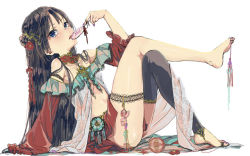 Rule 34 | 1girl, arm garter, arm support, arm up, bad id, bad pixiv id, bare shoulders, barefoot, black thighhighs, blue eyes, bridal garter, brown hair, candy, closed mouth, collarbone, commentary request, crossed legs, detached collar, fingernails, flat chest, flower, food, frilled sleeves, frills, from side, full body, gold trim, hair flower, hair ornament, half updo, holding, holding candy, holding food, holding lollipop, jewelry, lace, lace-trimmed legwear, lace trim, leg lift, licking, lollipop, long fingernails, long hair, long sleeves, looking at viewer, looking to the side, midriff, navel, original, pomu (joynet), reclining, simple background, single thighhigh, sitting, sleeves past wrists, solo, stirrup legwear, stomach, swirl lollipop, tassel, thighhighs, toe ring, toeless legwear, toes, tongue, tongue out, very long hair, white background