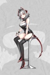 Rule 34 | 1girl, ahoge, animated, animated gif, antennae, arknights, bandaged arm, bandages, black gloves, black scarf, black thighhighs, breasts, cleavage, fingerless gloves, full body, garter straps, gloves, grey background, grey hair, grey shirt, grin, hamilundenongdizhe, hand up, high heels, horns, large breasts, looking at viewer, red footwear, scarf, shirt, short hair, sitting, smile, solo, tail, thighhighs, w (arknights), winking (animated), yellow eyes