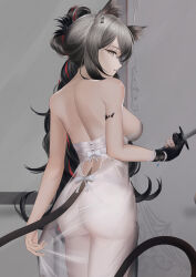 Rule 34 | 1girl, absurdres, alternate hairstyle, animal ears, arknights, ass, backless dress, backless outfit, cat ears, cat tail, dress, from behind, gloves, grey hair, highres, holding, holding knife, knife, long hair, looking at viewer, looking back, material growth, oripathy lesion (arknights), pantyhose, partially fingerless gloves, schwarz (arknights), see-through, see-through skirt, single glove, skirt, skirt tug, tail, tenmu miyabi, white dress, white pantyhose, yellow eyes