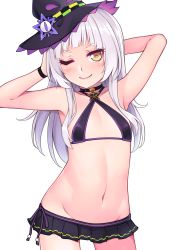 Rule 34 | 1girl, absurdres, arm behind head, bikini, bikini skirt, blunt bangs, choker, closed mouth, collarbone, commentary, contrapposto, cowboy shot, criss-cross halter, flat chest, gradient eyes, halterneck, hat, head tilt, highres, hololive, ishiusu, light purple hair, long hair, looking at viewer, microskirt, multicolored eyes, murasaki shion, murasaki shion (hololive summer 2019), navel, official alternate costume, one eye closed, purple choker, sidelocks, simple background, skirt, smile, smug, solo, standing, stomach, swimsuit, virtual youtuber, white background, witch hat, wristband, yellow eyes