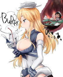 Rule 34 | &gt; &lt;, 2girls, :p, blonde hair, breasts, burp, cleavage, closed eyes, digestion, drinking straw, english text, fairy (kancolle), female focus, glass, hat, holding, inside creature, iowa (kancolle), kantai collection, long hair, mini person, minigirl, multiple girls, nekosu (nfxgs227), open mouth, profile, size difference, stomach (organ), tongue, tongue out, vore