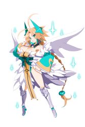 Rule 34 | 1girl, angel lucy, antenna hair, aqua eyes, armored boots, blonde hair, boots, braid, breasts, brooch, cleavage, detached sleeves, disgaea, disgaea rpg, earrings, full body, hair ornament, hoop earrings, huge breasts, jewelry, long hair, non-web source, open mouth, pelvic curtain, photoshop (medium), rimless eyewear, solo, transparent background, very long hair, white wings, wings